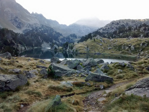 Looking into a valley of lakes from the first col