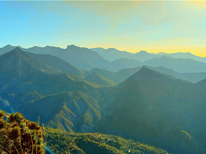 Mountain peaks in the hazy sunlight