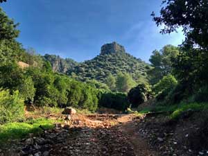 First view of the ruins of Castell de Marinyen atop its peak